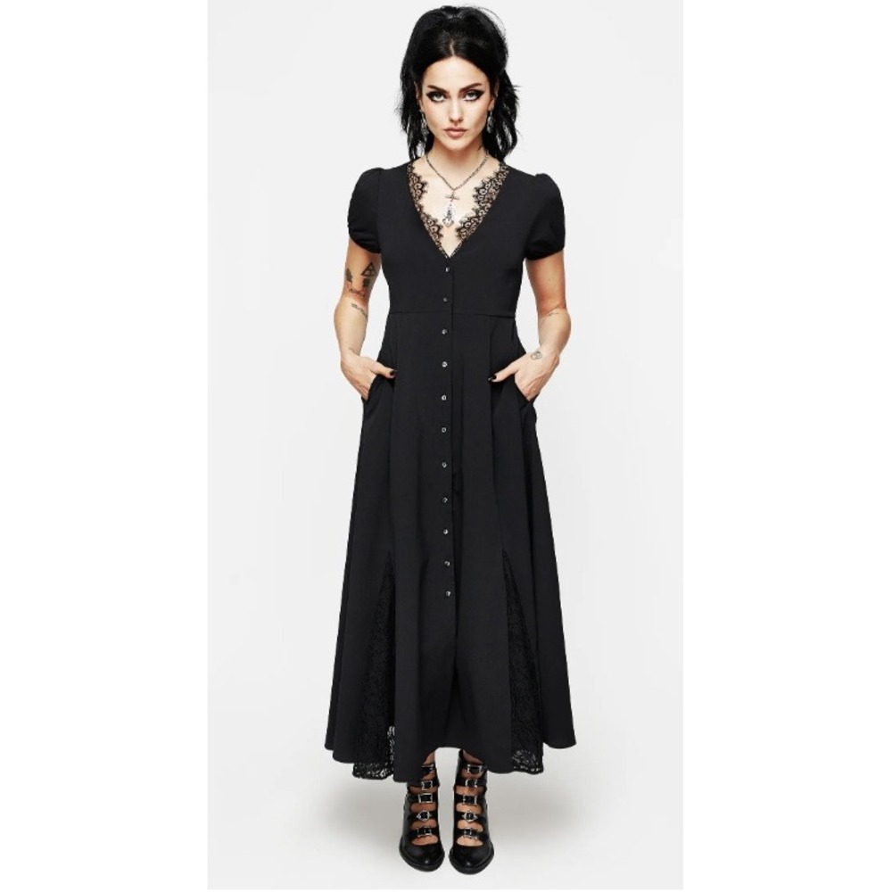 Disturbia Taissa Floral Lace Button Up Midaxi Dress Black Gothic US 8 UK 12